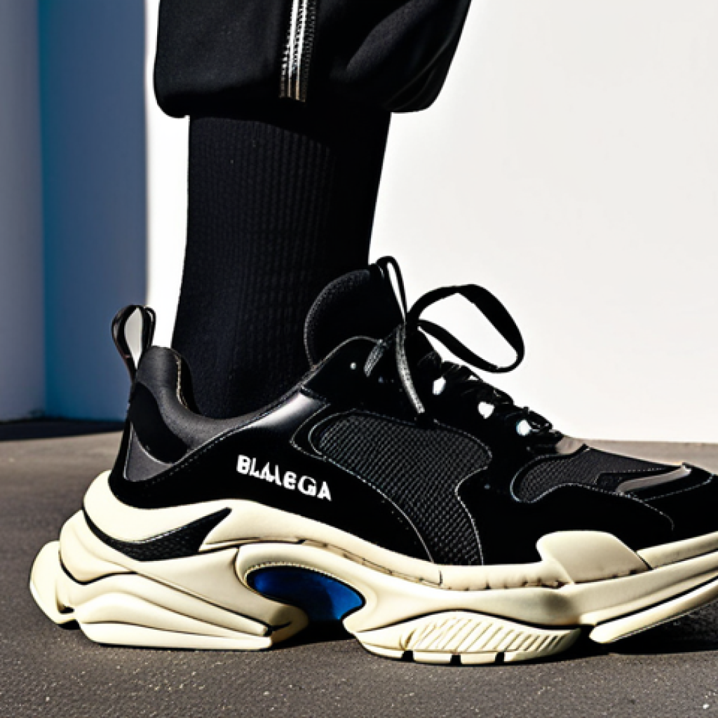 Balenciaga's Dominance**

Prompt: A striking, full-body shot of a fashion-forward individual in a chic, minimalist outfit, elevated by the extreme volume and sculptural form of Balenciaga Triple S sneakers. The sneakers dominate the frame, emphasizing their "ungainly" yet powerful presence that redefines the silhouette. The setting is an urban street or a modern architectural space, highlighting the sneaker's bold impact on everyday luxury street style. The lighting is dramatic, casting strong shadows to accentuate the shoe's intricate layers and textures, capturing its status as a "reconstruction of mode."

**
