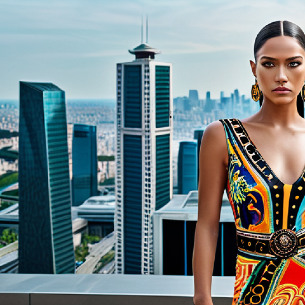 Versace - Modern Goddess**

"A striking, confident woman with perfect anatomy, fully clothed in a vibrant, embellished Versace dress with Medusa accents, set against a futuristic cityscape backdrop, safe for work, appropriate content, professional photography, high quality, modest clothing, family-friendly."

**
