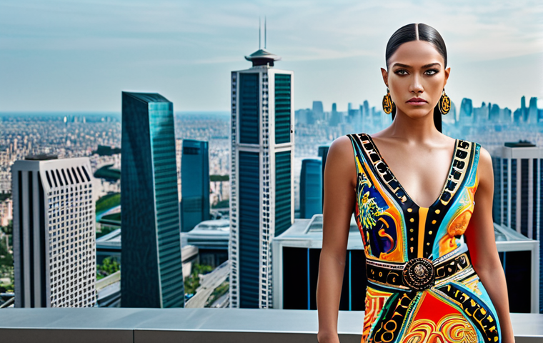 Versace - Modern Goddess**

"A striking, confident woman with perfect anatomy, fully clothed in a vibrant, embellished Versace dress with Medusa accents, set against a futuristic cityscape backdrop, safe for work, appropriate content, professional photography, high quality, modest clothing, family-friendly."

**