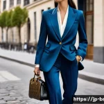 구찌와 발렌시아가 협업 리뷰 - A high-fashion, elegant woman in a dynamic mid-shot, confidently walking down a chic Parisian street...