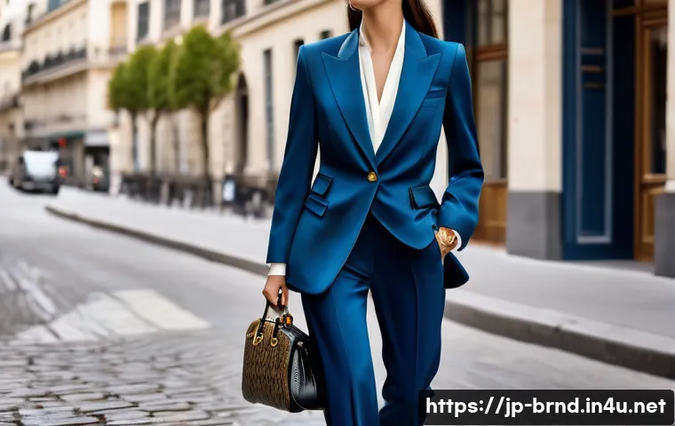 구찌와 발렌시아가 협업 리뷰 - A high-fashion, elegant woman in a dynamic mid-shot, confidently walking down a chic Parisian street...