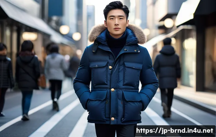 몽클레르와 노비스의 겨울 패딩 비교 - A sleek, stylish young Japanese man walking through a fashionable Tokyo street in winter, wearing a ...