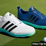 아디다스와 나이키의 골프화 비교 - A close-up, high-resolution image of two pairs of golf shoes side by side on a lush green golf cours...