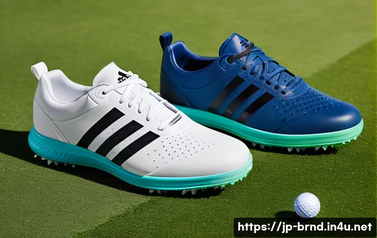 아디다스와 나이키의 골프화 비교 - A close-up, high-resolution image of two pairs of golf shoes side by side on a lush green golf cours...