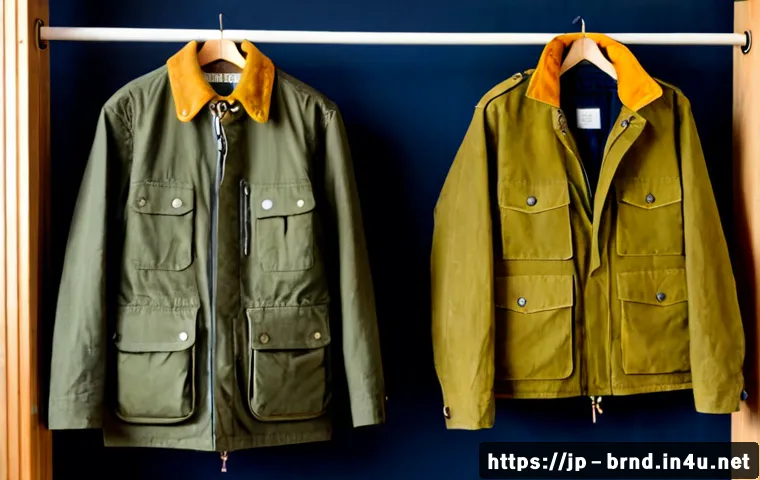 바버와 파타고니아의 필드 재킷 - Photorealistic side-by-side comparison of two unbranded field jackets on wooden hangers: a rugged ol...