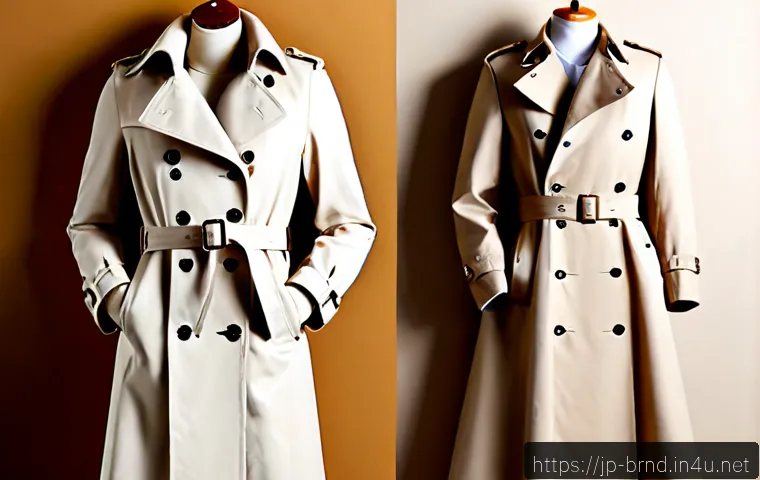 버버리와 아쿠아스큐텀의 트렌치코트 - Photorealistic side-by-side comparison of two elegant British heritage trench coats on minimalist wo...